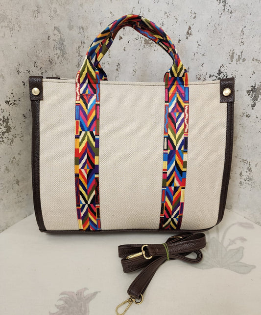 Handcrafted Jute  Tote Bag with Boho Strap -white