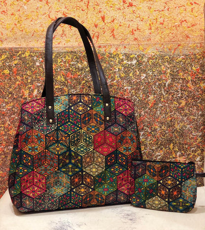 Bohemian Patchwork Tote Bag with Matching Pouch – Geometric