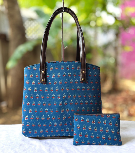 Bohemian Patchwork Tote Bag with Matching Pouch – Blue