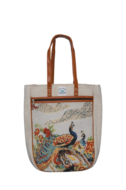 Embroidered  Canvas Tote Bag – Grey with Leather Straps(Peacock)