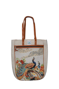 Embroidered  Canvas Tote Bag – Grey with Leather Straps(Peacock)