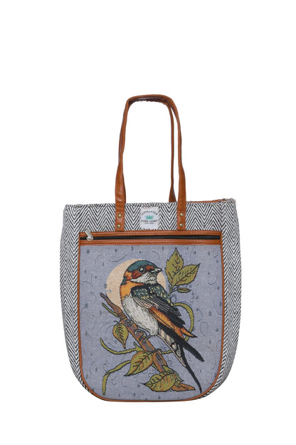 Embroidered  Canvas Tote Bag – Grey with Leather Straps(Bird)