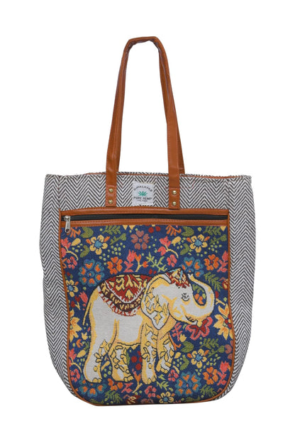 Embroidered  Canvas Tote Bag – Grey with Leather Straps(Elephant)