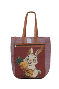 Embroidered  Canvas Tote Bag – Grey with Leather Straps(Rabbit)