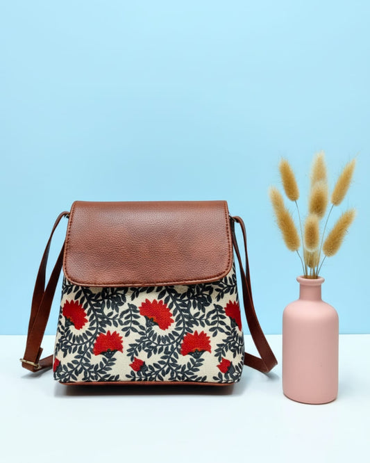 Floral Jute Sling Bag-Red Flower