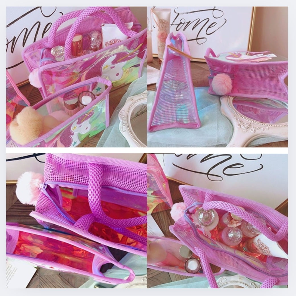 Unicorn 3-in-1 Pink Mesh Cosmetic Bag Set