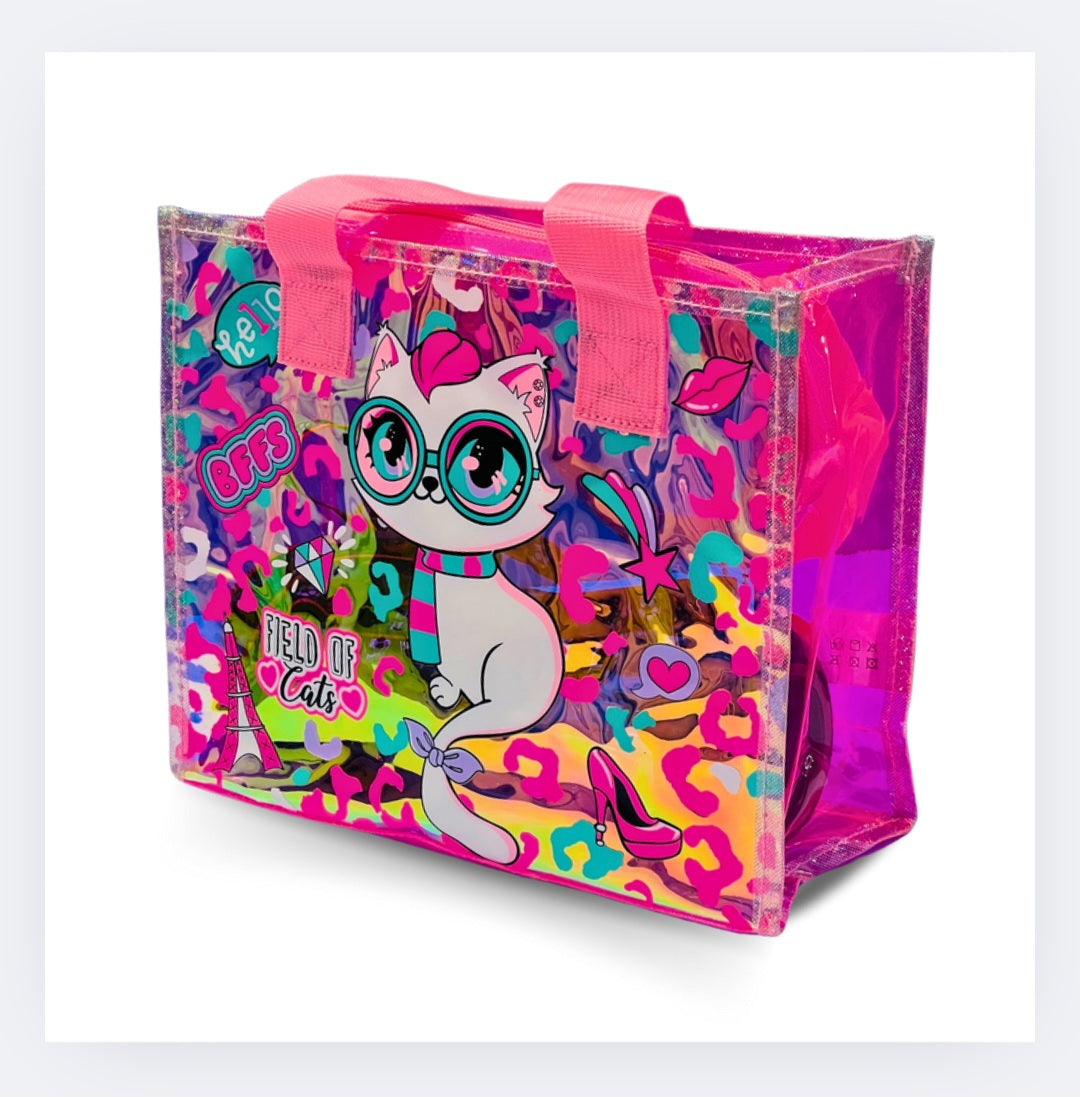 Colorful Cartoon Cat Transparent PVC Tote Bag – Fun Kids Travel & School Bag