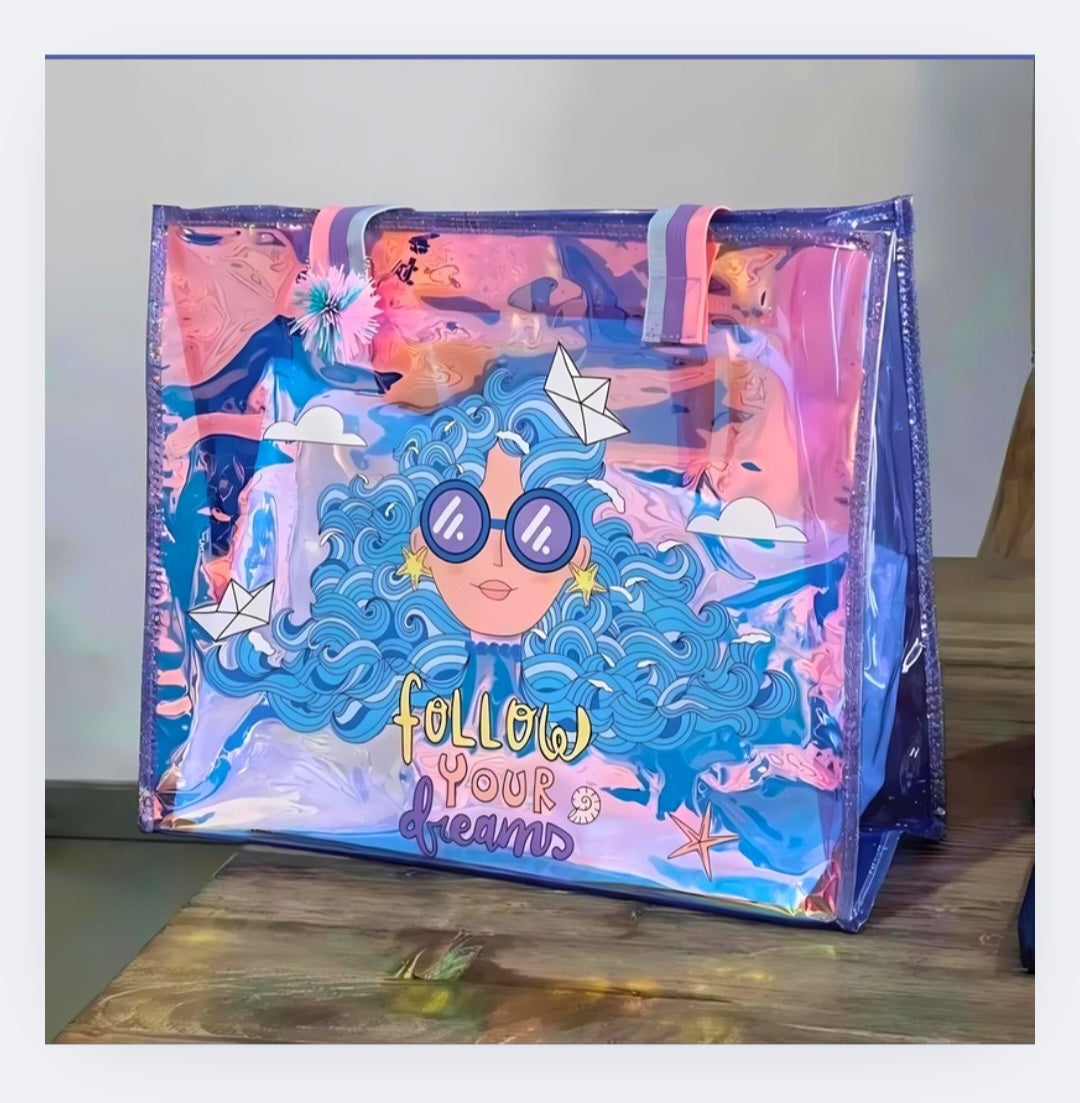 Colorful Cartoon Cat Transparent PVC Tote Bag – Fun Kids Travel & School Bag