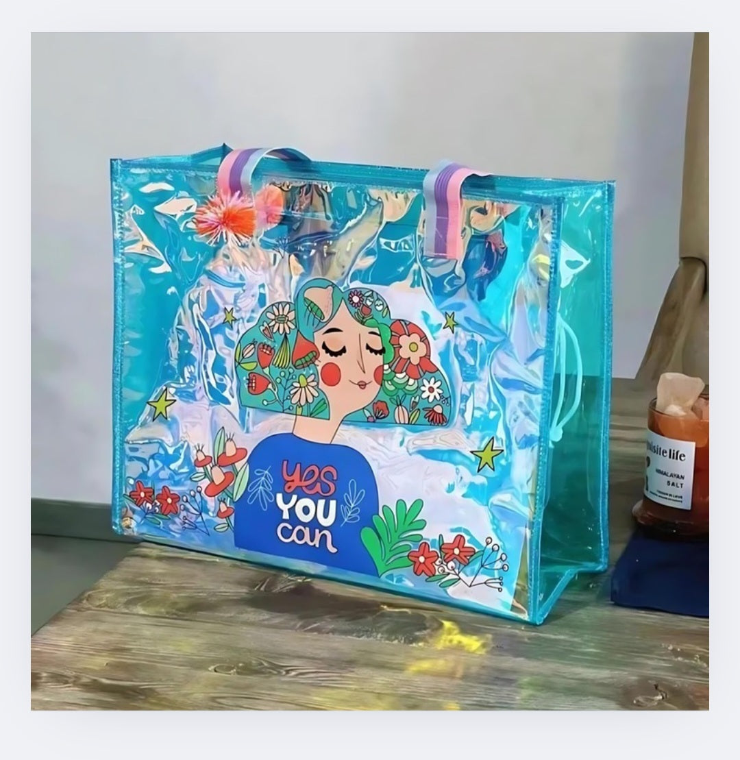 Colorful Cartoon Cat Transparent PVC Tote Bag – Fun Kids Travel & School Bag