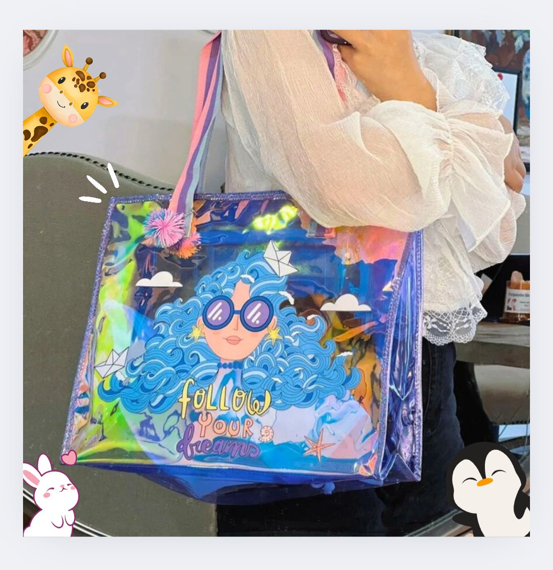 Colorful Cartoon Cat Transparent PVC Tote Bag – Fun Kids Travel & School Bag