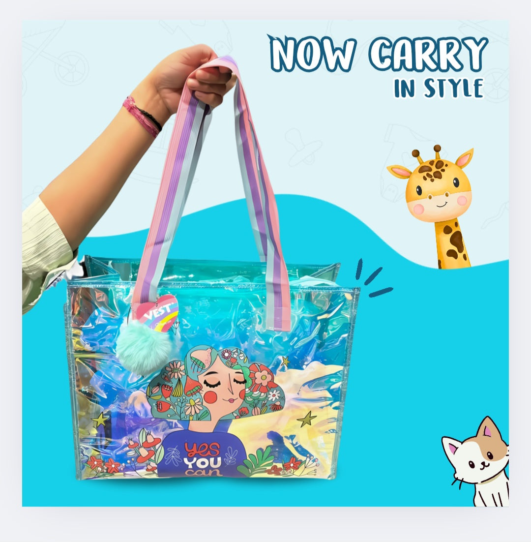 Colorful Cartoon Cat Transparent PVC Tote Bag – Fun Kids Travel & School Bag