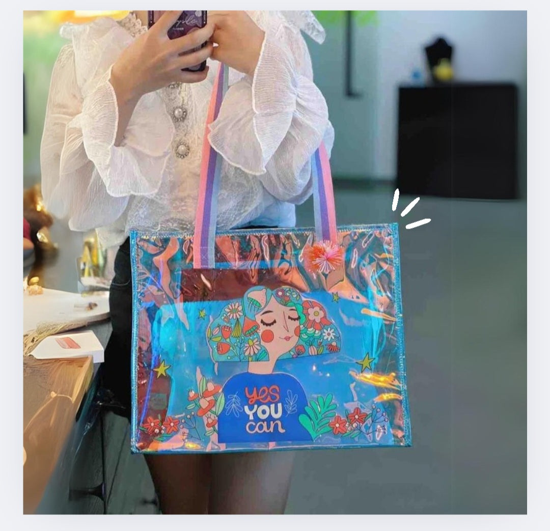 Colorful Cartoon Cat Transparent PVC Tote Bag – Fun Kids Travel & School Bag