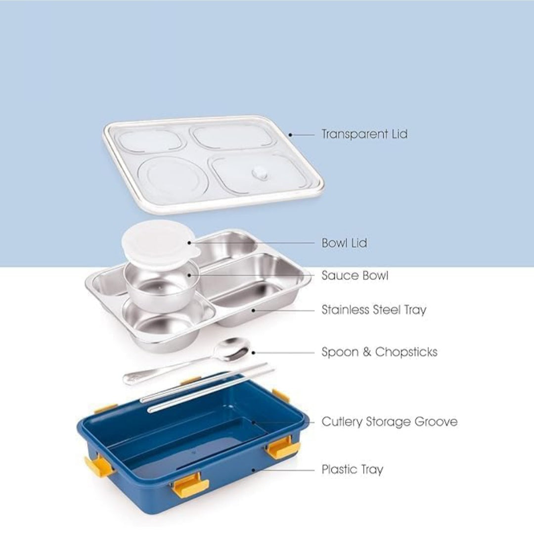 Stainless Steel Bento Lunch Box – 4 Compartment Leak-Proof Tiffin for Kids & Adults