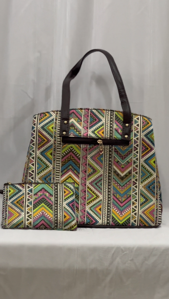 Bohemian Patchwork Tote Bag with Matching Pouch – Silver