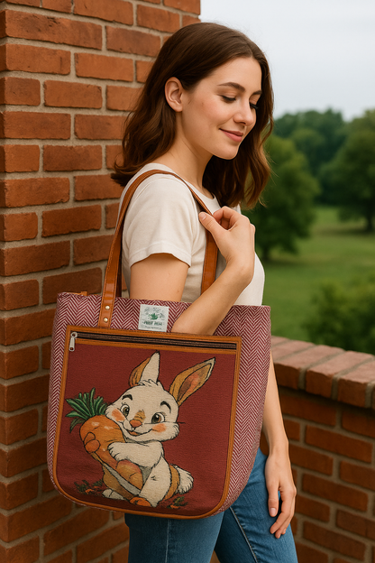 Embroidered  Canvas Tote Bag – Grey with Leather Straps(Rabbit)