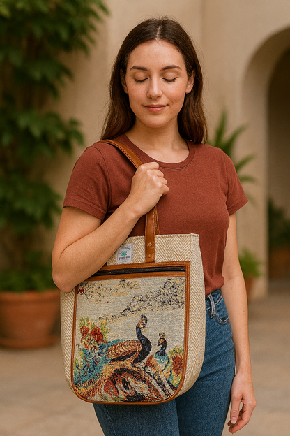 Embroidered  Canvas Tote Bag – Grey with Leather Straps(Peacock)
