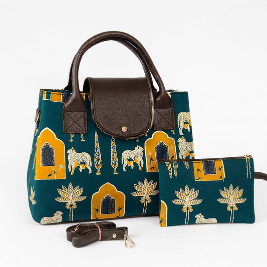 Tote cum sling bag with pouch-Green