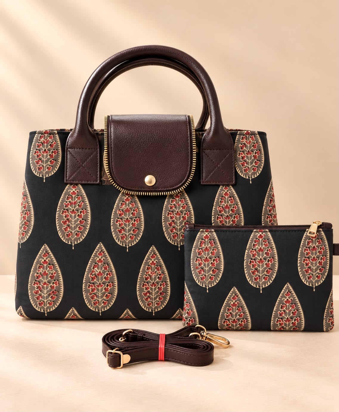 Tote cum sling bag with pouch- Black floral