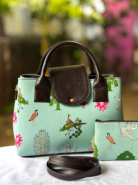 Tote cum sling bag with pouch-Bird