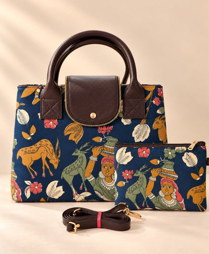 Tote cum sling bag with pouch-Navy ikkat