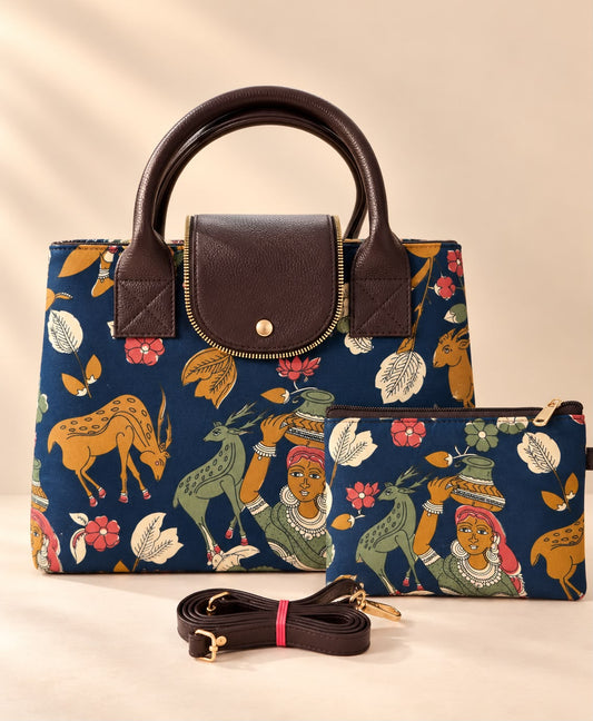 Tote cum sling bag with pouch-Navy ikkat