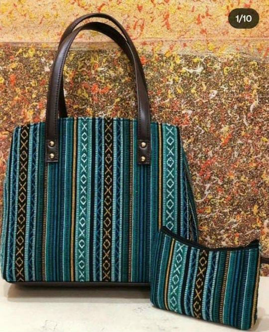 Bohemian Patchwork Tote Bag with Matching Pouch – Jacquard Green