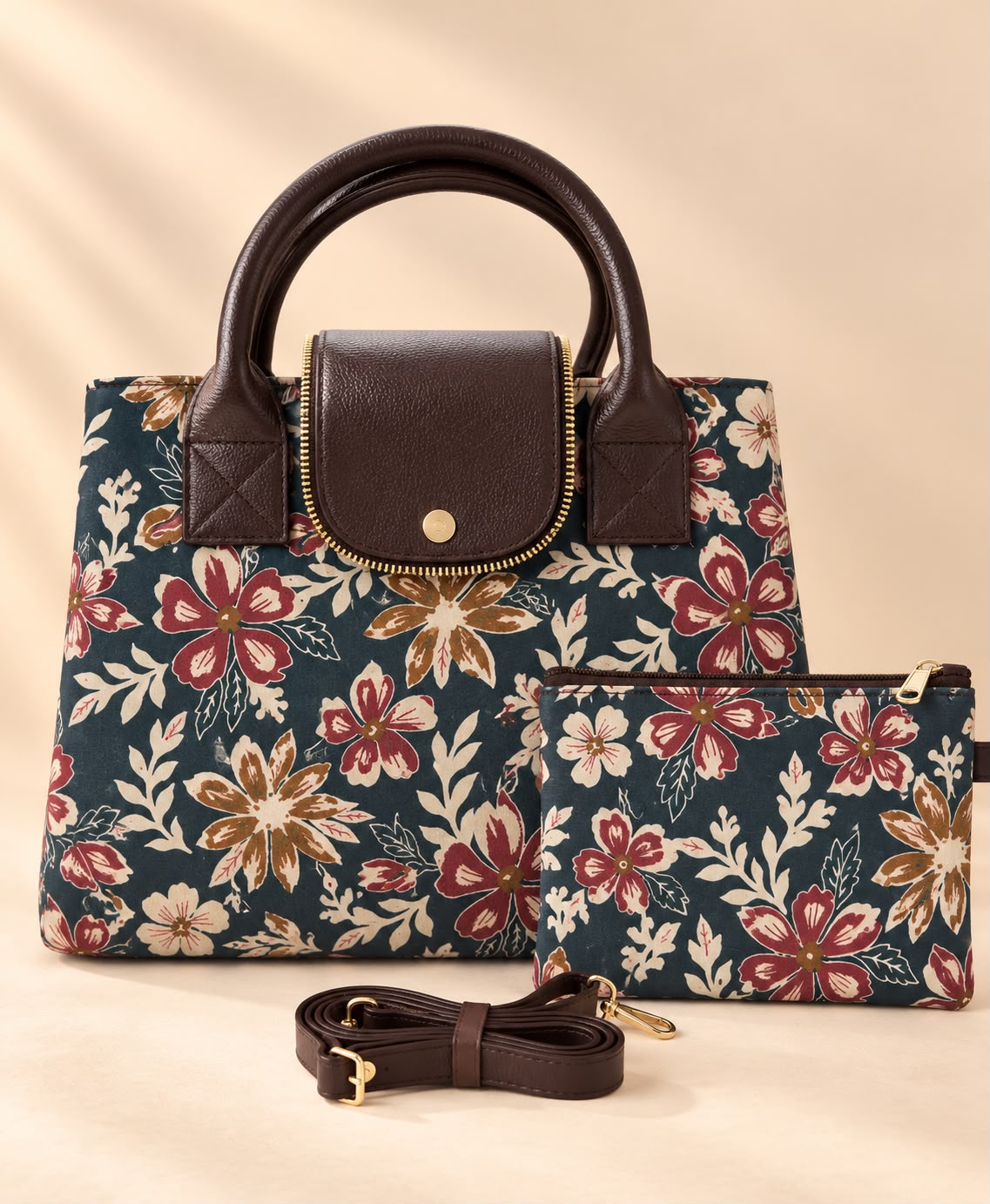 Tote cum sling bag with pouch-Navy floral