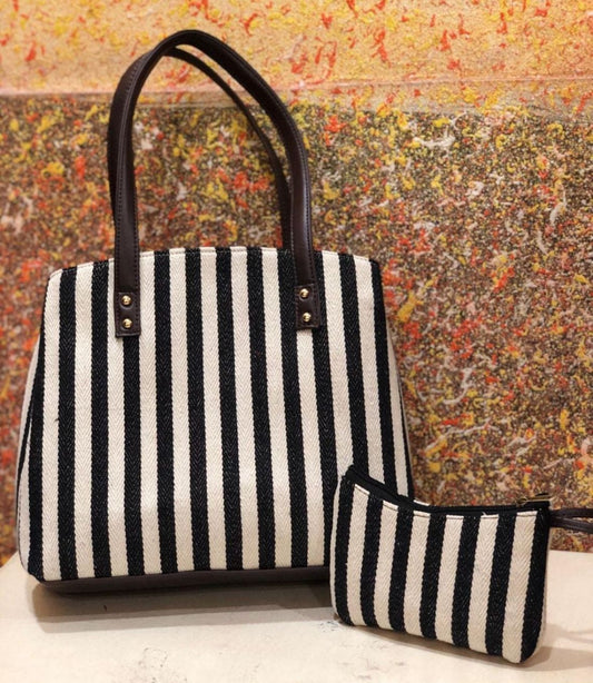 Bohemian Patchwork Tote Bag with Matching Pouch – Jacquard (White&Black)
