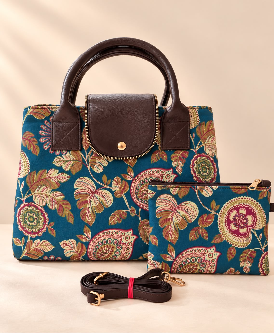 Tote cum sling bag with pouch-Teal