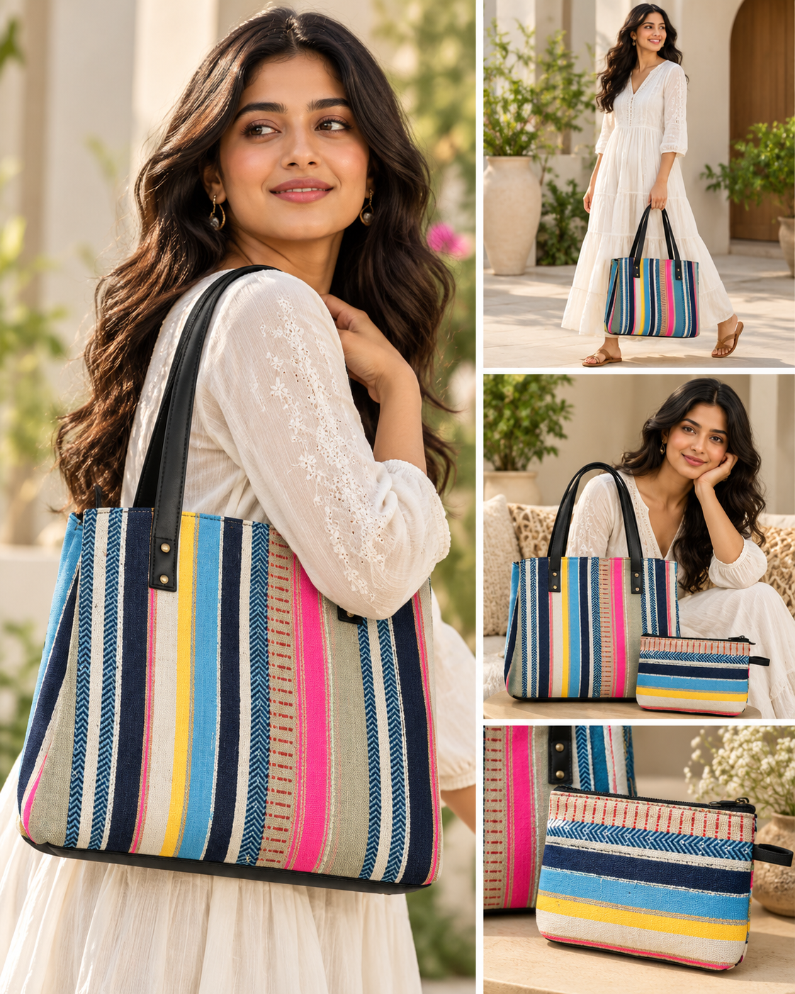 Bohemian Patchwork Tote Bag with Matching Pouch – Jacquard strips