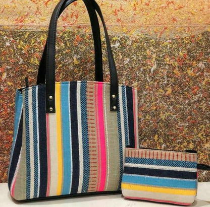 Bohemian Patchwork Tote Bag with Matching Pouch – Jacquard strips