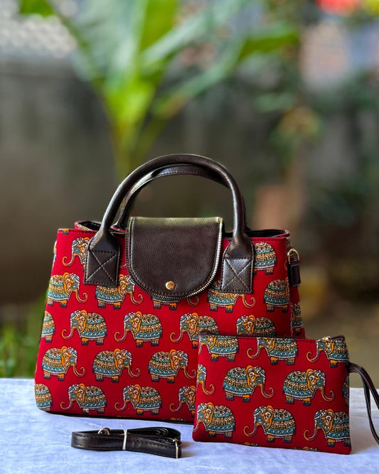 Tote cum sling bag with pouch-Red Elephant