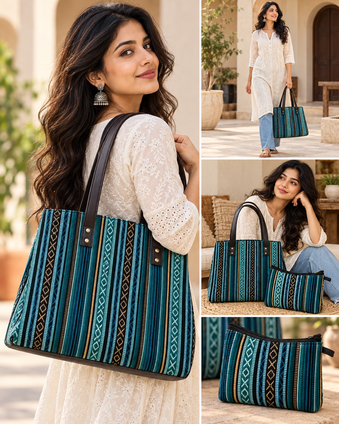 Bohemian Patchwork Tote Bag with Matching Pouch – Jacquard Green