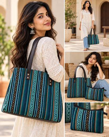 Bohemian Patchwork Tote Bag with Matching Pouch – Jacquard Green