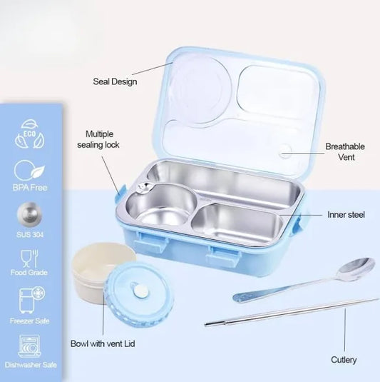 Stainless Steel Bento Lunch Box – 3 Compartment with Plain Pastel Lid